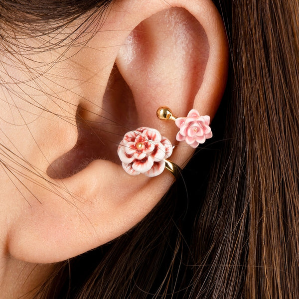Hand Painted Enamel Flower Pink Red Gold Color Small Gold Hoop Earring