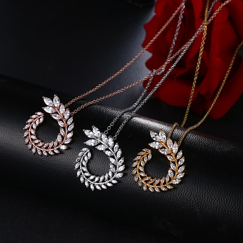 Luxury AAA Zircon Olive Branch Pendant Set For Women