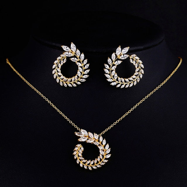 Luxury AAA Zircon Olive Branch Pendant Set For Women