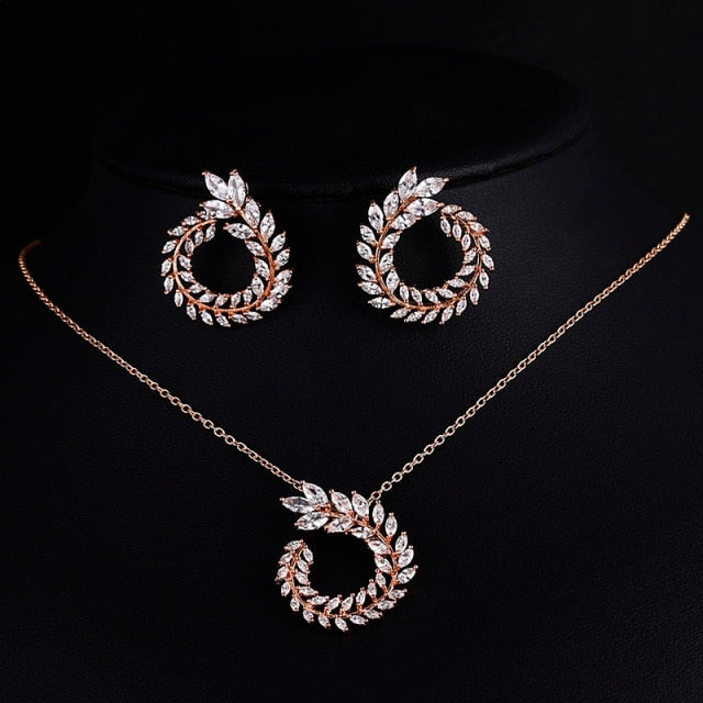 Luxury AAA Zircon Olive Branch Pendant Set For Women