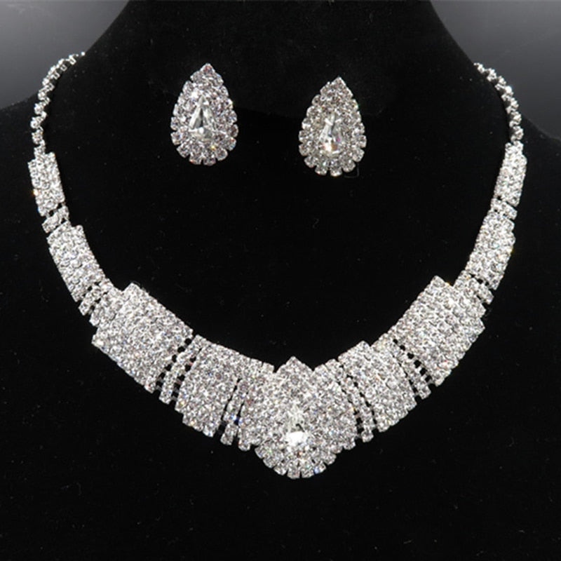 Rhinestone Silver Plated Wedding Acessories Charm Necklace Earrings Sets