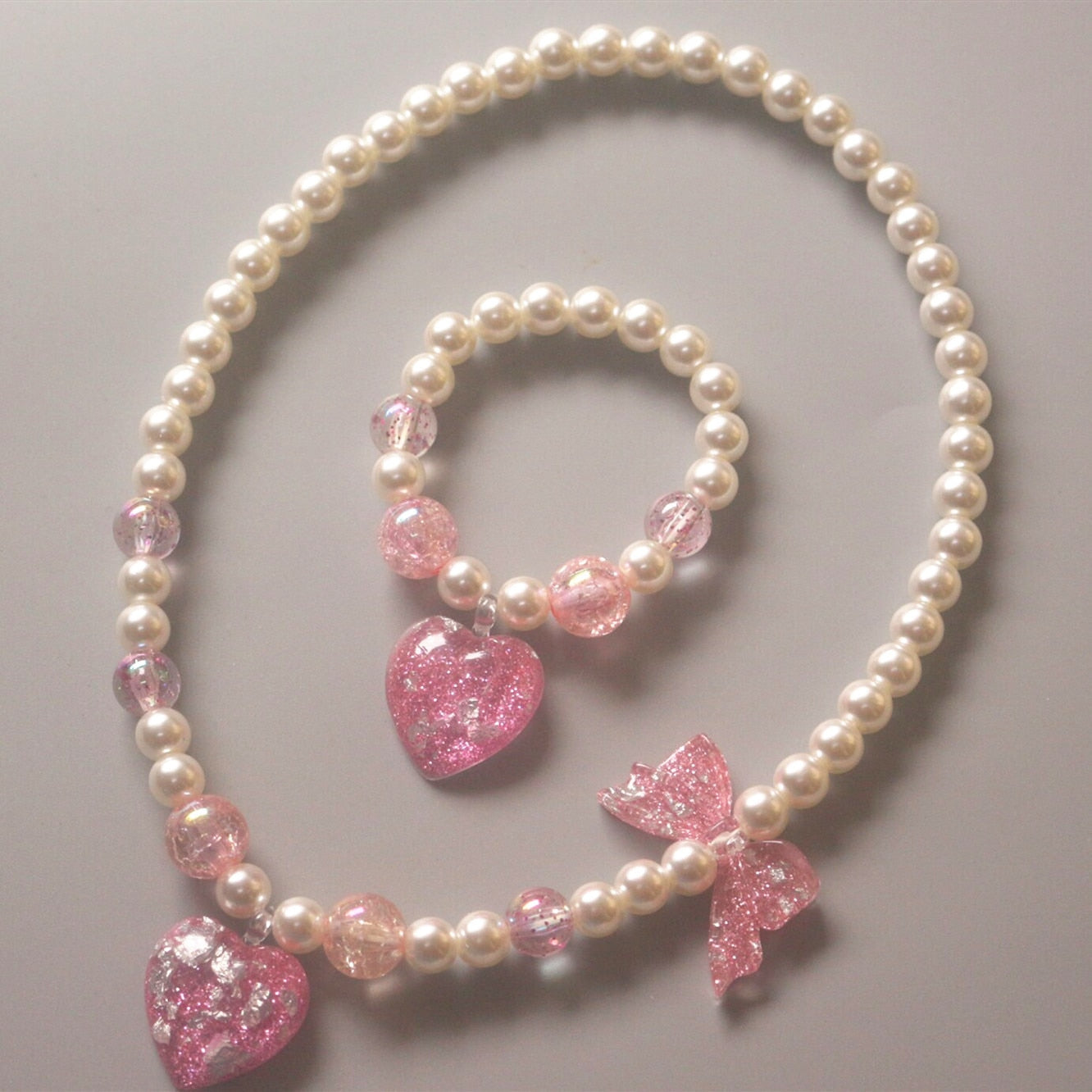 Cute Children Pearl Necklace Bracelet Heart Star  Jewelry Set