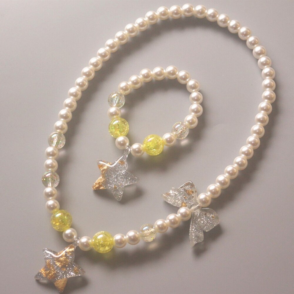 Cute Children Pearl Necklace Bracelet Heart Star  Jewelry Set
