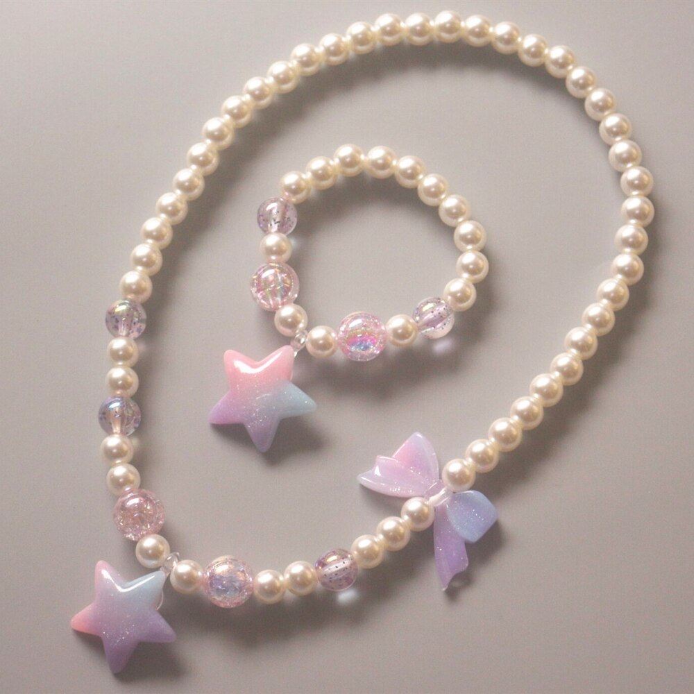 Cute Children Pearl Necklace Bracelet Heart Star  Jewelry Set