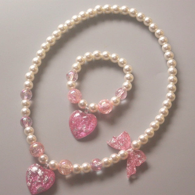 Cute Children Pearl Necklace Bracelet Heart Star  Jewelry Set