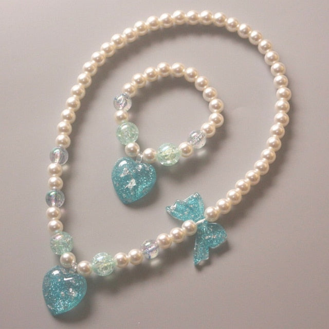 Cute Children Pearl Necklace Bracelet Heart Star  Jewelry Set