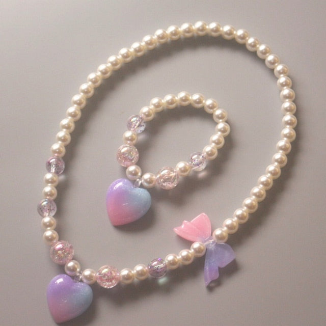 Cute Children Pearl Necklace Bracelet Heart Star  Jewelry Set
