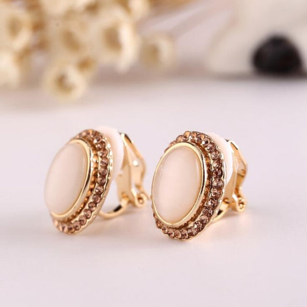 Gold Color Stone Rhinestone Geometric Clip on Earrings for Women