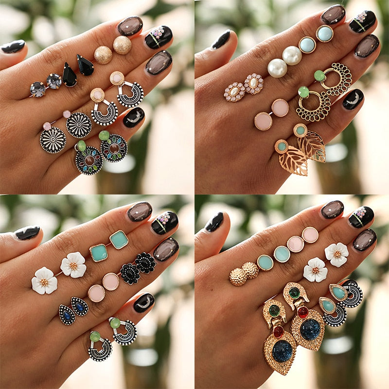 Vintage Rhinestone Geometric Flower Hollow Out Stud Earrings Set
