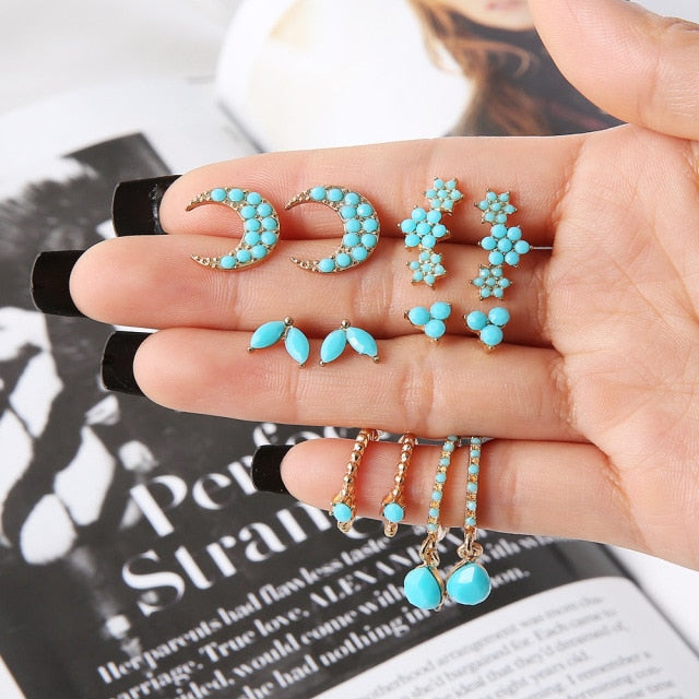 Vintage Rhinestone Geometric Flower Hollow Out Stud Earrings Set