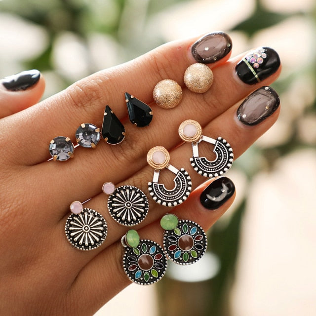 Vintage Rhinestone Geometric Flower Hollow Out Stud Earrings Set