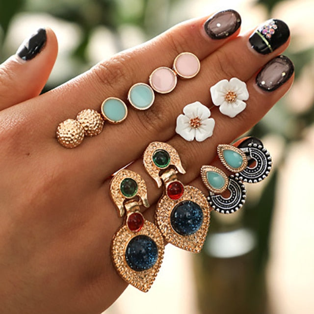 Vintage Rhinestone Geometric Flower Hollow Out Stud Earrings Set