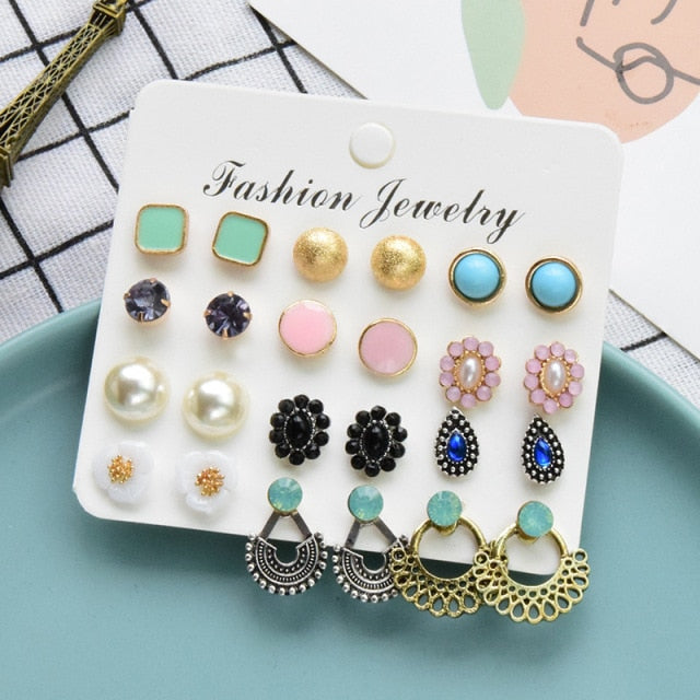 Vintage Rhinestone Geometric Flower Hollow Out Stud Earrings Set