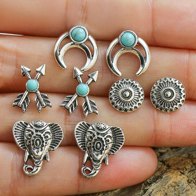 Vintage Rhinestone Geometric Flower Hollow Out Stud Earrings Set