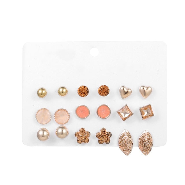 Vintage Rhinestone Geometric Flower Hollow Out Stud Earrings Set