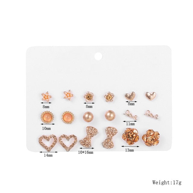 Vintage Rhinestone Geometric Flower Hollow Out Stud Earrings Set