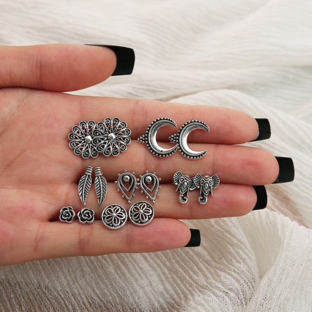 Vintage Rhinestone Geometric Flower Hollow Out Stud Earrings Set