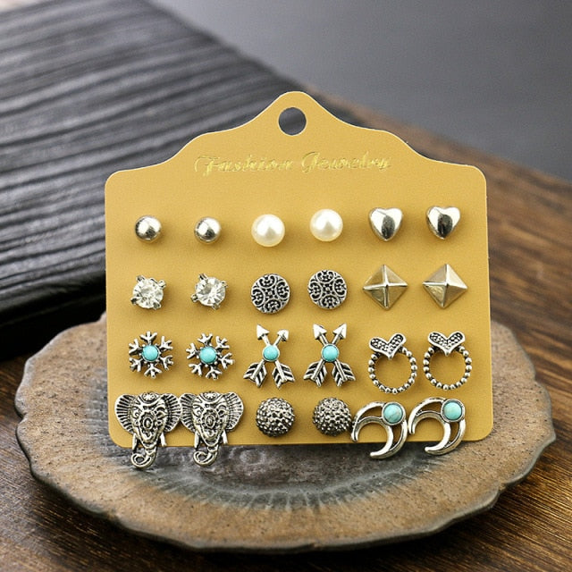 Vintage Rhinestone Geometric Flower Hollow Out Stud Earrings Set