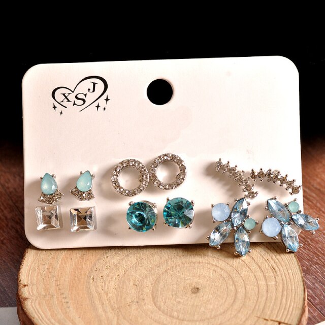 Vintage Rhinestone Geometric Flower Hollow Out Stud Earrings Set