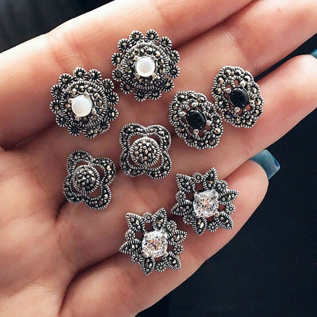 Vintage Rhinestone Geometric Flower Hollow Out Stud Earrings Set