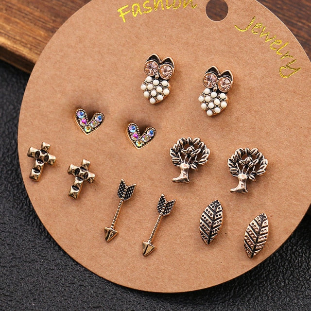 Vintage Rhinestone Geometric Flower Hollow Out Stud Earrings Set