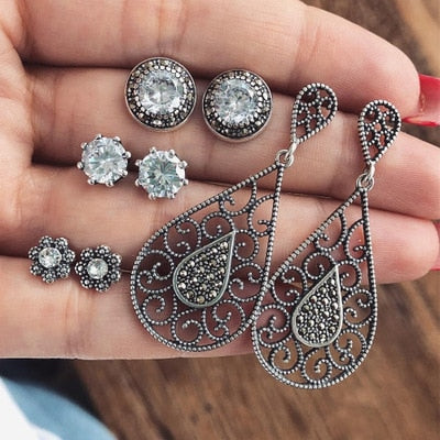 Vintage Rhinestone Geometric Flower Hollow Out Stud Earrings Set
