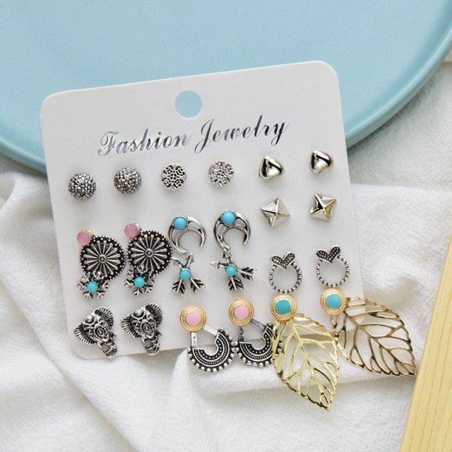 Vintage Rhinestone Geometric Flower Hollow Out Stud Earrings Set