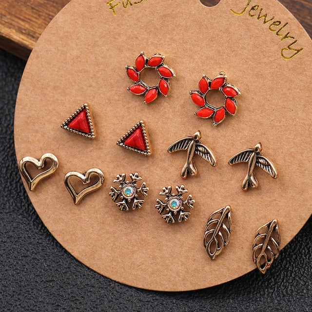 Vintage Rhinestone Geometric Flower Hollow Out Stud Earrings Set