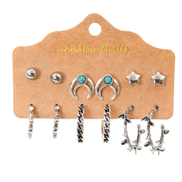Vintage Rhinestone Geometric Flower Hollow Out Stud Earrings Set