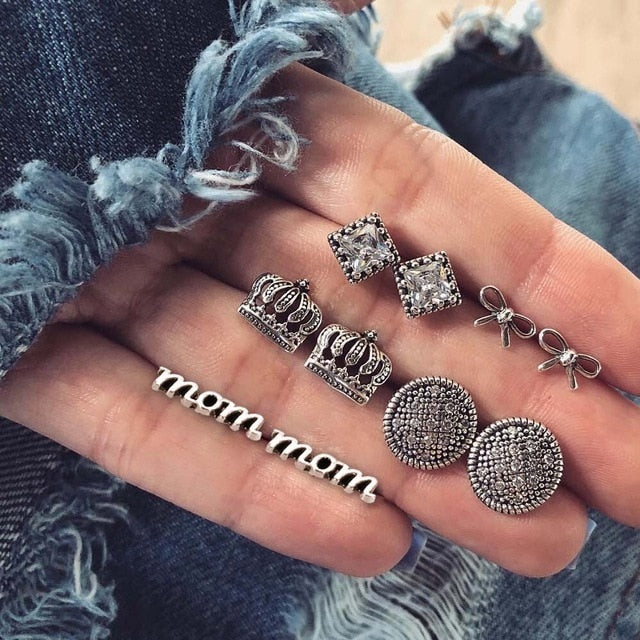 Vintage Rhinestone Geometric Flower Hollow Out Stud Earrings Set