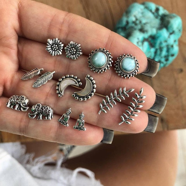 Vintage Rhinestone Geometric Flower Hollow Out Stud Earrings Set