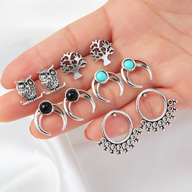 Vintage Rhinestone Geometric Flower Hollow Out Stud Earrings Set
