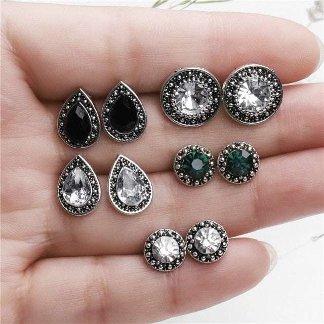 Vintage Rhinestone Geometric Flower Hollow Out Stud Earrings Set