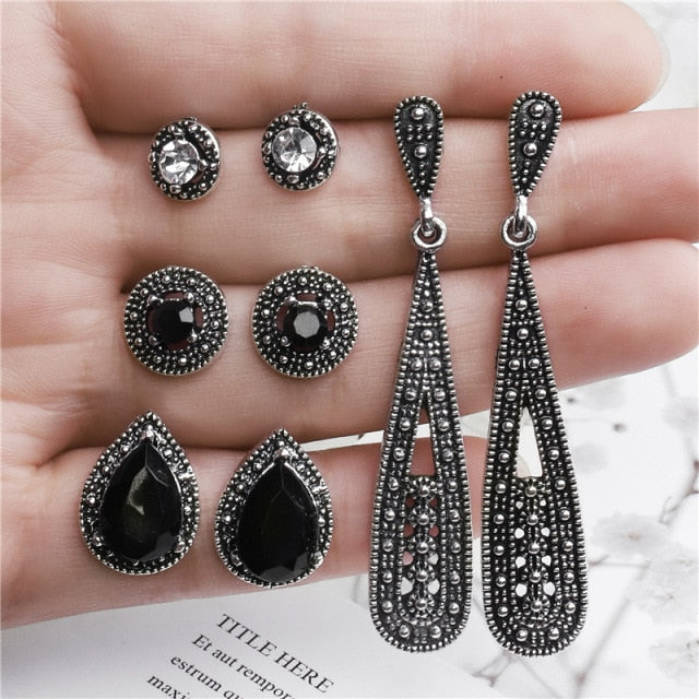 Vintage Rhinestone Geometric Flower Hollow Out Stud Earrings Set