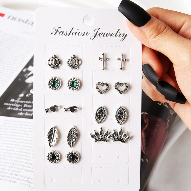 Vintage Rhinestone Geometric Flower Hollow Out Stud Earrings Set