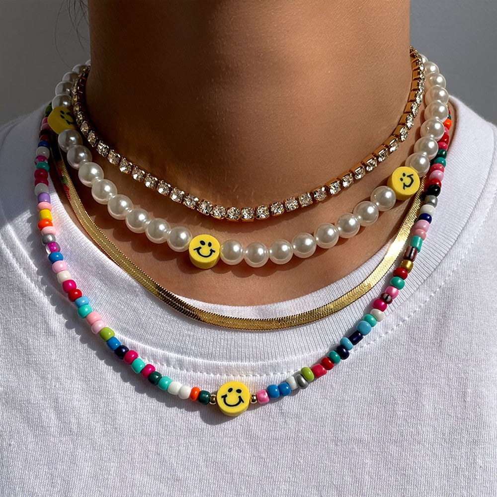Bohemia Multilayer Smiley Pearl Rainbow Beaded Choker Necklace