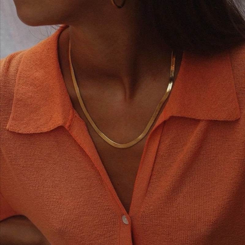 Gold Color Flat Snake Link Chain Choker Necklace