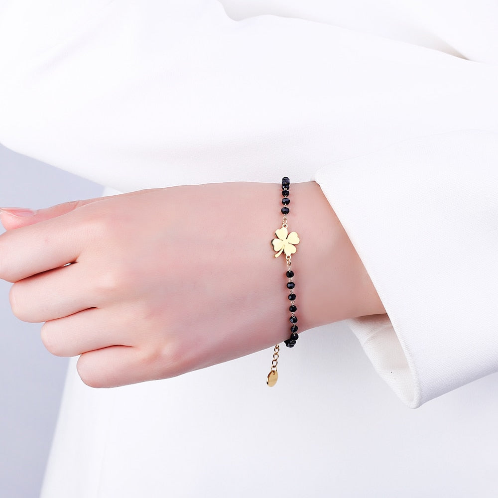 Rose Gold Clover Stainless Steel Charm Bracelets Women's