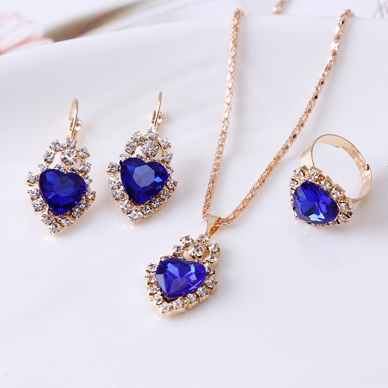 Brides Gold-Color Zirconia Earring Pendant Necklace Ring Sets