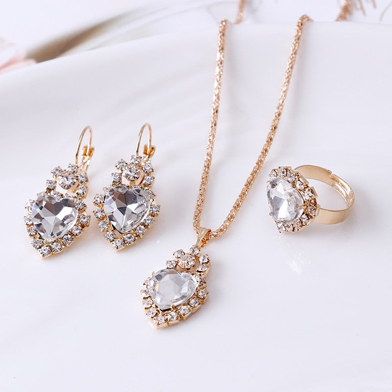 Brides Gold-Color Zirconia Earring Pendant Necklace Ring Sets
