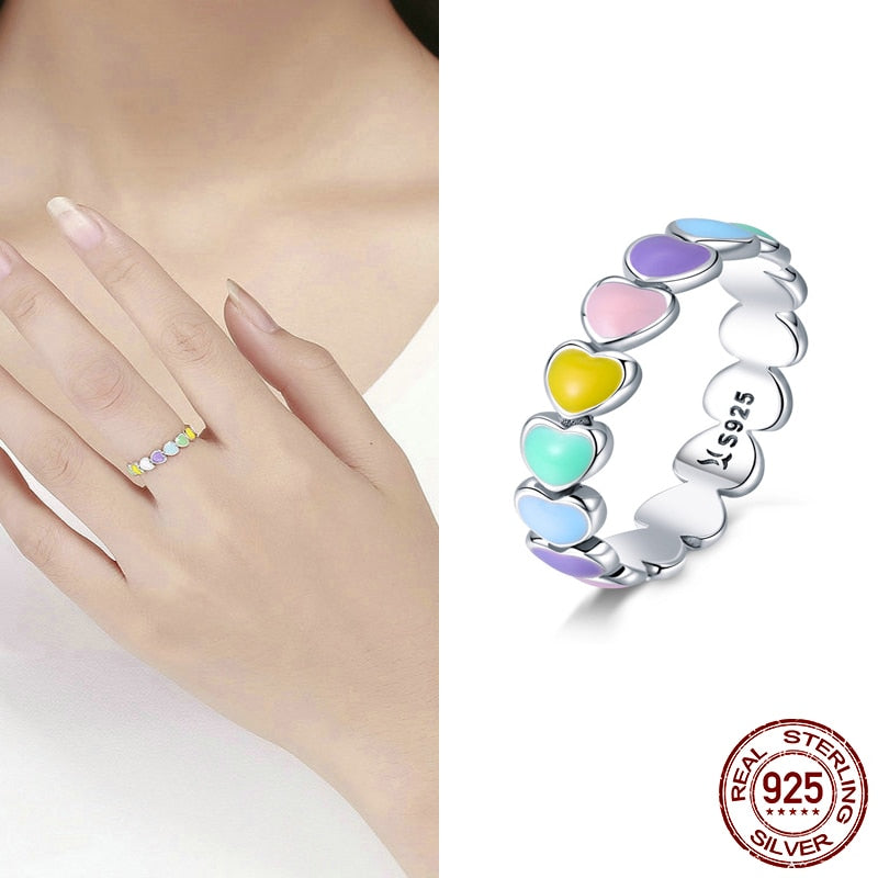 925 Sterling Silver Star Heart Shape Enemal Rainbow Finger Rings