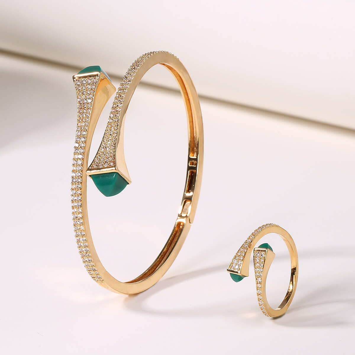 Candy color stone Simple Design Gold Open Cuff Bangle Ring Jewelry Set