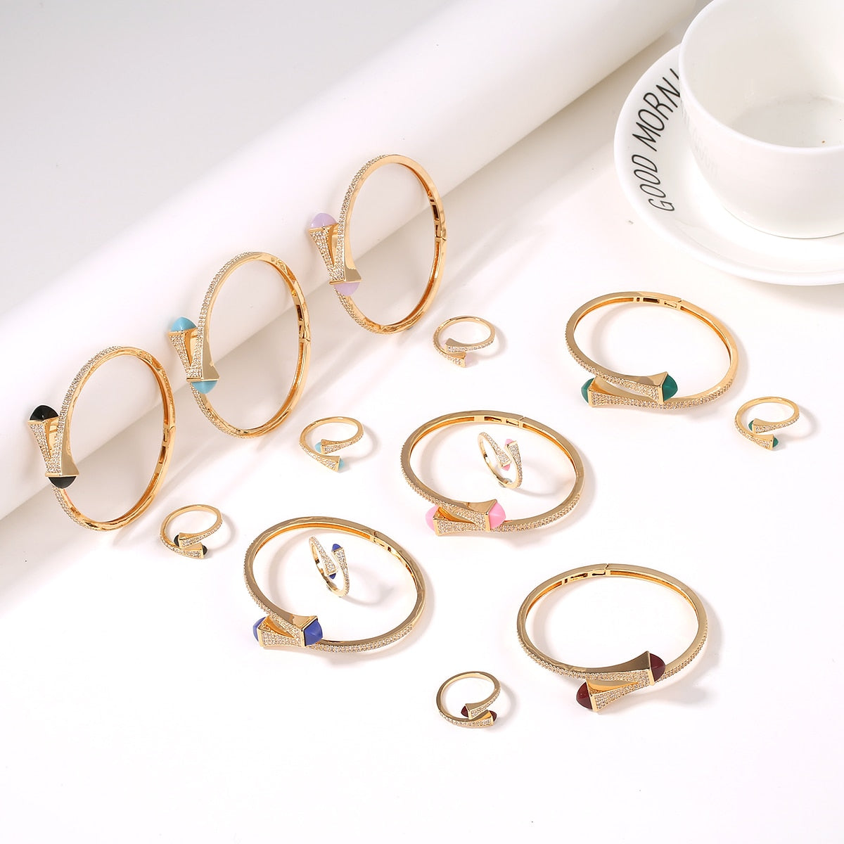 Candy color stone Simple Design Gold Open Cuff Bangle Ring Jewelry Set