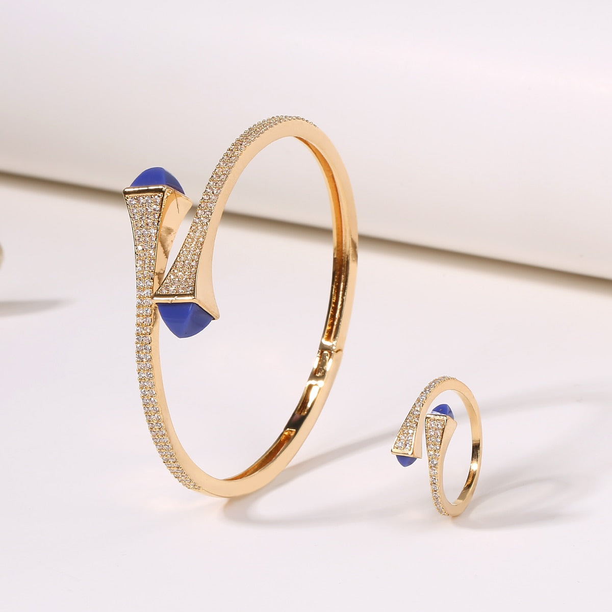 Candy color stone Simple Design Gold Open Cuff Bangle Ring Jewelry Set