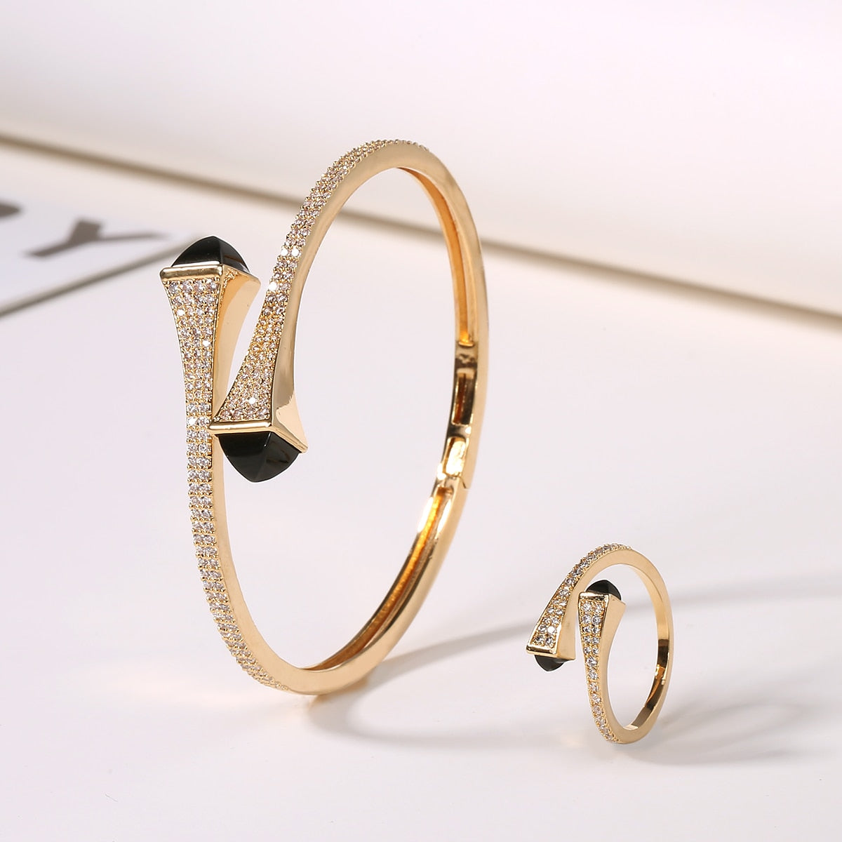 Candy color stone Simple Design Gold Open Cuff Bangle Ring Jewelry Set