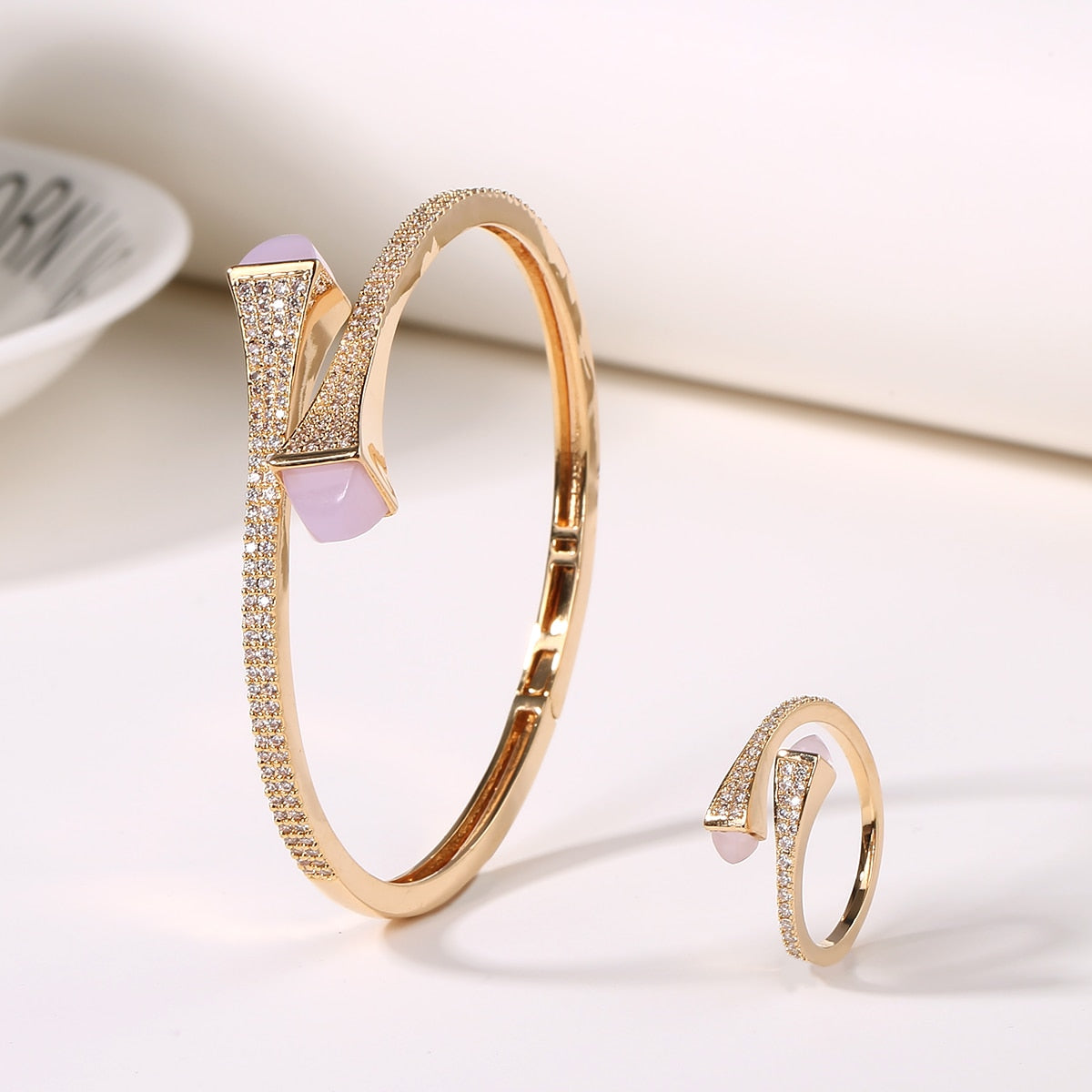 Candy color stone Simple Design Gold Open Cuff Bangle Ring Jewelry Set