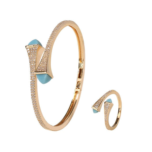 Candy color stone Simple Design Gold Open Cuff Bangle Ring Jewelry Set