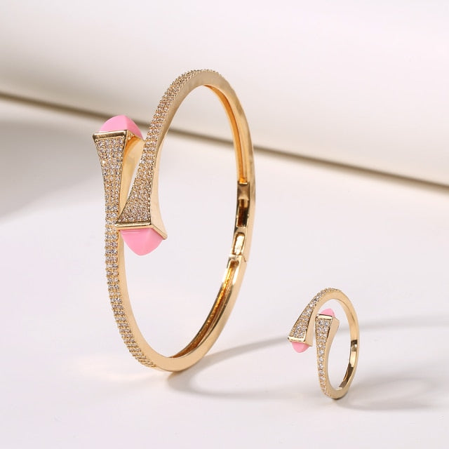 Candy color stone Simple Design Gold Open Cuff Bangle Ring Jewelry Set
