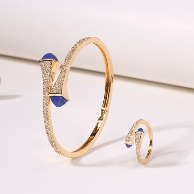 Candy color stone Simple Design Gold Open Cuff Bangle Ring Jewelry Set