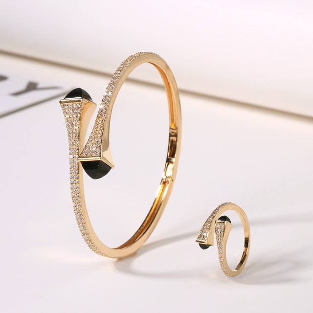 Candy color stone Simple Design Gold Open Cuff Bangle Ring Jewelry Set